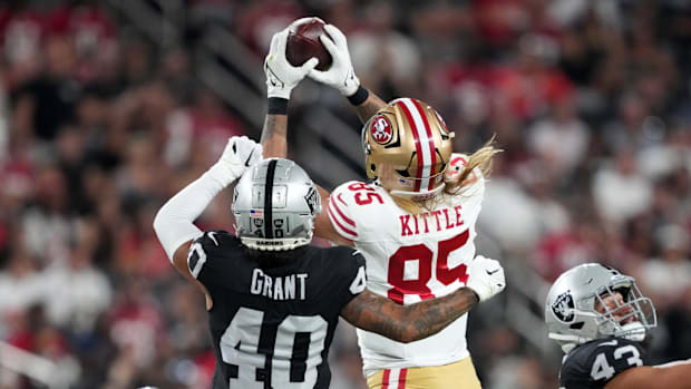 Aug 23, 2024; Paradise, Nevada, USA; San Francisco 49ers tight end George Kittle (85) catches the ball against Las Vegas Raid