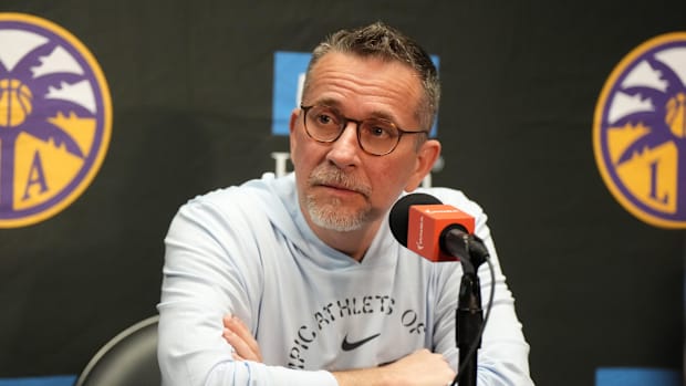 LA Sparks coach Curt Miller at press conference at Crypto.com Arena