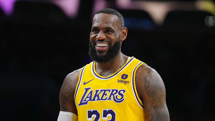 Mar 18, 2024; Los Angeles, California, USA; Los Angeles Lakers forward LeBron James (23) reacts