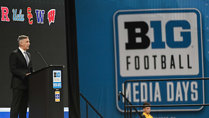 Jul 23, 2024; Indianapolis, IN, USA;  Big Ten commissioner Tony Petitti speaks to the media during the Big 10 football media day at Lucas Oil Stadium. Mandatory Credit: Robert Goddin-Imagn Images