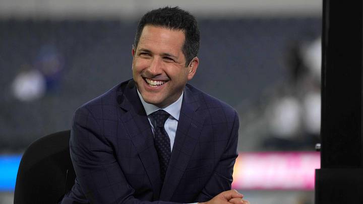 Oct 4, 2021; Inglewood, California, USA; Adam Schefter broadcasts from the ESPN Monday Night Football Countdown set before a game between the Los Angeles Chargers and the Las Vegas Raiders at SoFi Stadium. Mandatory Credit: Kirby Lee-Imagn Images