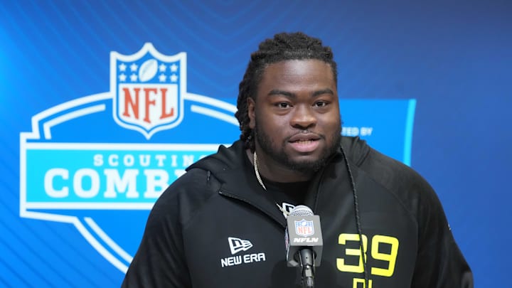 Feb 26, 2025; Indianapolis, IN, USA; Indiana defensive lineman CJ West (DL39) during the 2025 NFL Scouting Combine at the Indiana Convention Center. Mandatory Credit: Kirby Lee-Imagn Images