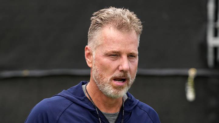 Jul 22, 2025; Oxnard, CA, USA; Dallas Cowboys defensive coordinator Matt Eberflus during training camp at the River Ridge Fields. Mandatory Credit: Kirby Lee-Imagn Images