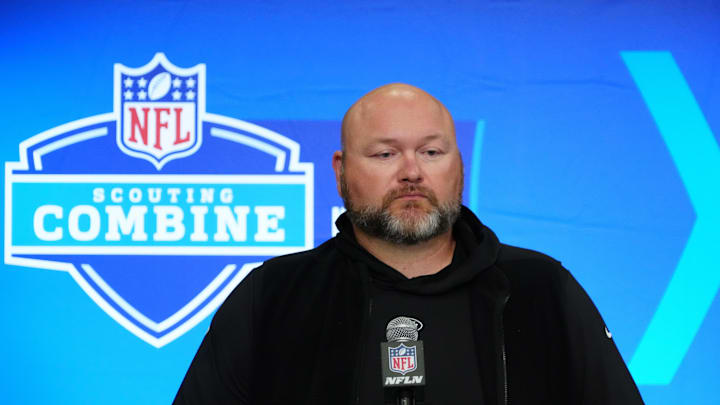 Feb 28, 2024; Indianapolis, IN, USA; New York Jets general manager Joe Douglas speaks at a press conference at the NFL Scouting Combine at Indiana Convention Center. Mandatory Credit: Kirby Lee-Imagn Images