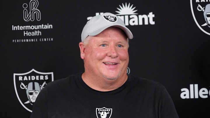 Jul 24, 2025; Henderson, NV, USA; Las Vegas Raiders offensive coordinator Chip Kelly during training camp press conference at the Intermountain Healthcare Performance Center. Mandatory Credit: Kirby Lee-Imagn Images