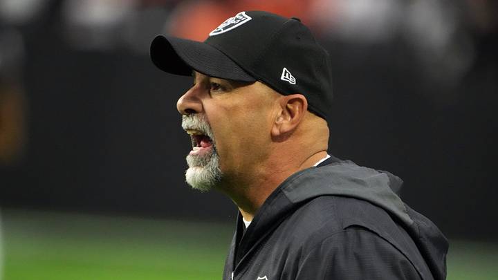 Dec 26, 2021; Paradise, Nevada, USA; Las Vegas Raiders interim coach Rich Bisaccia reacts against the Denver Broncos in the first half at Allegiant Stadium. Mandatory Credit: Kirby Lee-Imagn Images