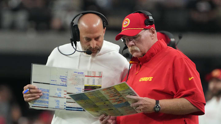 Oct 27, 2024; Paradise, Nevada, USA; Kansas City Chiefs offensive coordinator Matt Nagy (left) and coach Andy Reid react against the Las Vegas Raiders in the second half at Allegiant Stadium. Mandatory Credit: Kirby Lee-Imagn Images