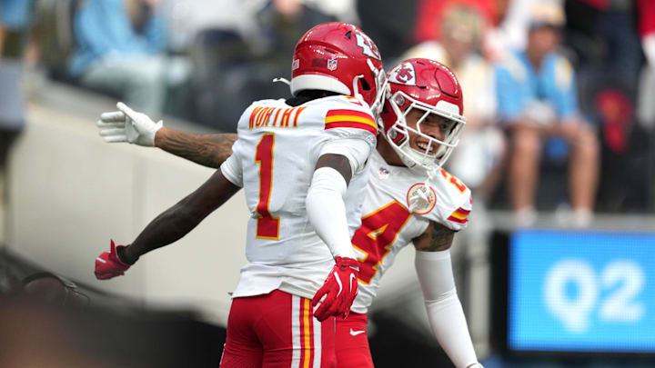 Sep 29, 2024; Inglewood, California, USA; Kansas City Chiefs wide receiver Xavier Worthy (1) celebrates with wide receiver Skyy Moore (24) after catching a 54-yard touchdown pass in the second quarter against the Los Angeles Chargers at SoFi Stadium. Mandatory Credit: Kirby Lee-Imagn Images