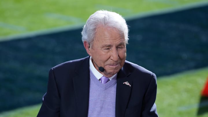 Jan 1, 2024; Pasadena, CA, USA; Lee Corso on the ESPN College Gameday set at the 2024 Rose Bowl college football playoff semifinal game at Rose Bowl. Mandatory Credit: Kirby Lee-USA TODAY Sports