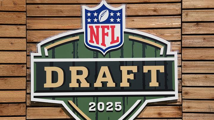 Apr 23, 2025; Green Bay, WI, USA; The 2025 NFL Draft logo at the NFL Draft Experience at Lambeau Field. Mandatory Credit: Kirby Lee-Imagn Images