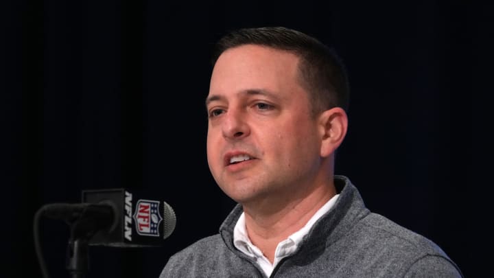 Feb 27, 2024; Indianapolis, IN, USA; New England Patriots director of scouting Eliot Wolf during the NFL Scouting Combine at Indiana Convention Center. Mandatory Credit: Kirby Lee-USA TODAY Sports