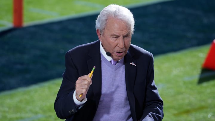 Jan 1, 2024; Pasadena, CA, USA; Lee Corso on the ESPN College Gameday set at the 2024 Rose Bowl college football playoff semifinal game at Rose Bowl. Mandatory Credit: Kirby Lee-USA TODAY Sports