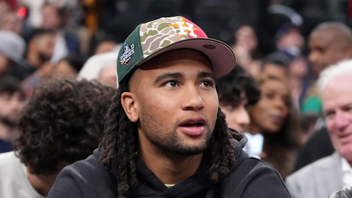 May 1, 2025; Inglewood, California, USA; Houston Texans quarterback C.J. Stroud attends game six of first round for the 2025 NBA Playoffs between the Denver Nuggets and the LA Clippers at Intuit Dome. Mandatory Credit: Kirby Lee-Imagn Images