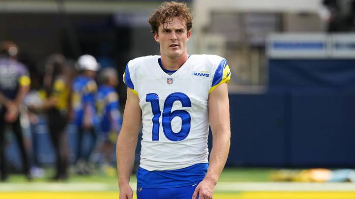 Aug 16, 2025; Inglewood, California, USA; Los Angeles Rams place kicker Joshua Karty (16) watches in the first half against the Los Angeles Chargers at SoFi Stadium. Mandatory Credit: Kirby Lee-Imagn Images