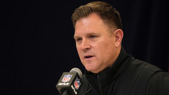 Feb 25, 2025; Indianapolis, IN, USA; Green Bay Packers general manager Brian Gutekunst speaks during the NFL Scouting Combine at the Indiana Convention Center.