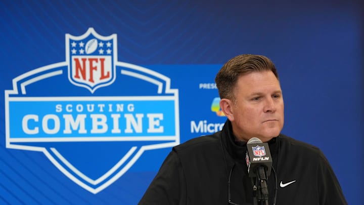 Feb 25, 2025; Indianapolis, IN, USA; Green Bay Packers general manager Brian Gutekunst speaks during the NFL Scouting Combine at the Indiana Convention Center. Mandatory Credit: Kirby Lee-Imagn Images