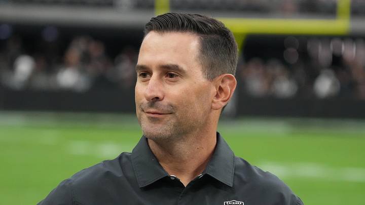 Aug 26, 2022; Paradise, Nevada, USA; Las Vegas Raiders general manager Dave Ziegler reacts during the game against the New England Patriots at Allegiant Stadium. Mandatory Credit: Kirby Lee-Imagn Images