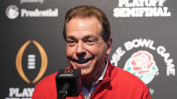 Dec 30, 2023; Pasadena, CA, USA; Alabama Crimson Tide head coach Nick Saban during Rose Bowl media day at Rose Bowl Stadium. Mandatory Credit: Kirby Lee-USA TODAY Sports