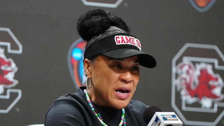 Apr 6, 2024; Cleveland, OH, USA; South Carolina Gamecocks coach Dawn Staley speaks to media during a press conference at Rocket Mortgage FieldHouse. Mandatory Credit: Kirby Lee-USA TODAY Sports