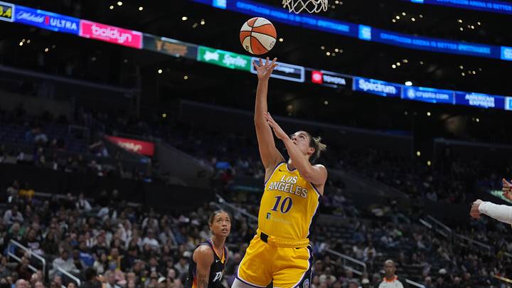 Sep 17, 2024; Los Angeles, California, USA; LA Sparks guard Kia Nurse (10) shoots the ball against the Phoenix Mercury in the second half at Crypto.com Arena. Mandatory Credit: Kirby Lee-Imagn Images