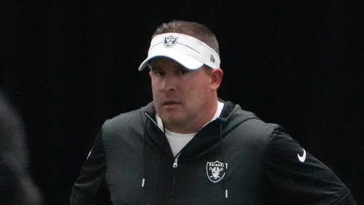 Jul 31, 2023; Henderson, NV, USA; Las Vegas Raiders coach Josh McDaniel during training camp at the Jul 31, 2023; Henderson, NV, USA; Las Vegas Raiders coach Josh McDaniel during training camp at the