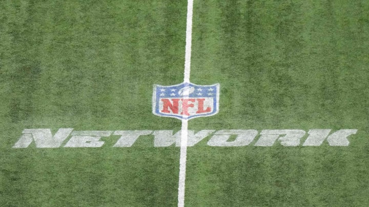 Mar 4, 2023; Indianapolis, IN, USA; The NFL Network logo on the field at Lucas Oil Stadium.