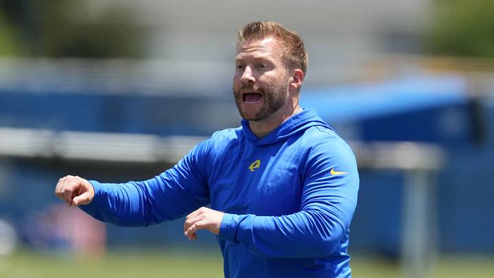 May 21, 2024, Thousand Oaks, California, USA; Los Angeles Rams coach Sean McVay reacts during organized team activities at Cal Lutheran University. Mandatory Credit: Kirby Lee-USA TODAY Sports