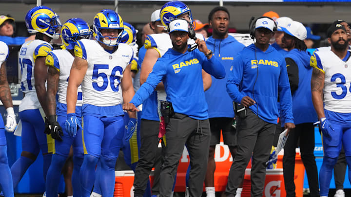 Aug 16, 2025; Inglewood, California, USA; Los Angeles Rams acting head coach Aubrey Pleasant reacts against the Los Angeles Chargers in the first half at SoFi Stadium. Mandatory Credit: Kirby Lee-Imagn Images