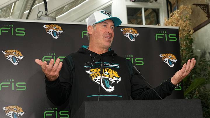 Oct 16, 2024; Watford, United Kingdom; Jacksonville Jaguars coach Doug Pederson at a press conference at The Grove. Mandatory Credit: Kirby Lee-Imagn Images