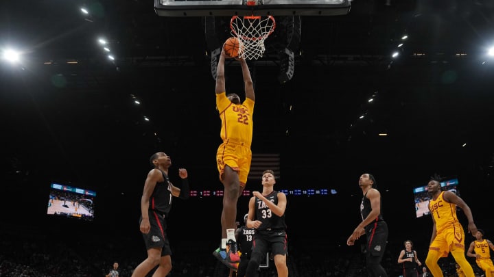 Dec 2, 2023; Las Vegas, Nevada, USA; Southern California Trojans forward Arrinten Page (22) dunks the ball against the Gonzaga Bulldogs during the Legends of Basketball Las Vegas Invitational at MGM Grand Garden Arena. Mandatory Credit: Kirby Lee-USA TODAY Sports