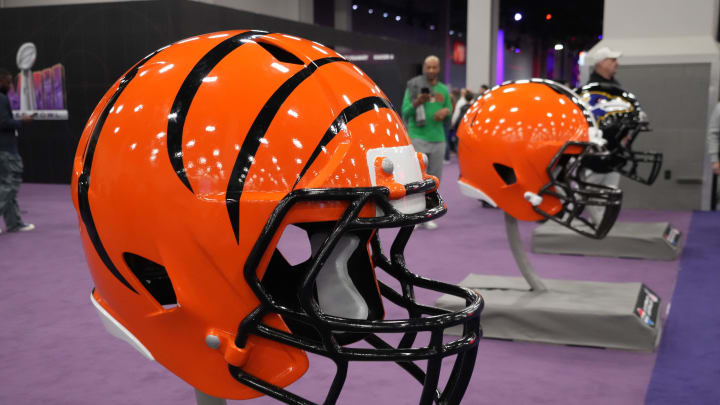 Feb 7, 2024; Las Vegas, NV, USA; A large Cincinnati Bengals helmet at the NFL Experience at the Mandalay Bay South Convention Center. Mandatory Credit: Kirby Lee-USA TODAY Sports