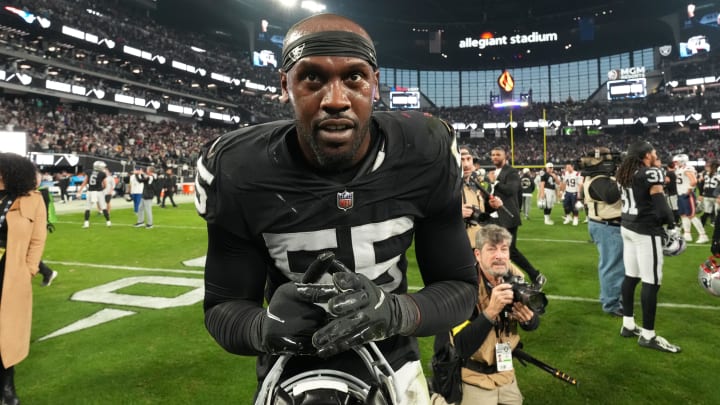 Dec 18, 2022; Paradise, Nevada, USA; Las Vegas Raiders defensive end Chandler Jones (55) celebrates after the game against the New England Patriots at Allegiant Stadium. The Raiders defeated the Patriots 30-24. Mandatory Credit: Kirby Lee-USA TODAY Sports