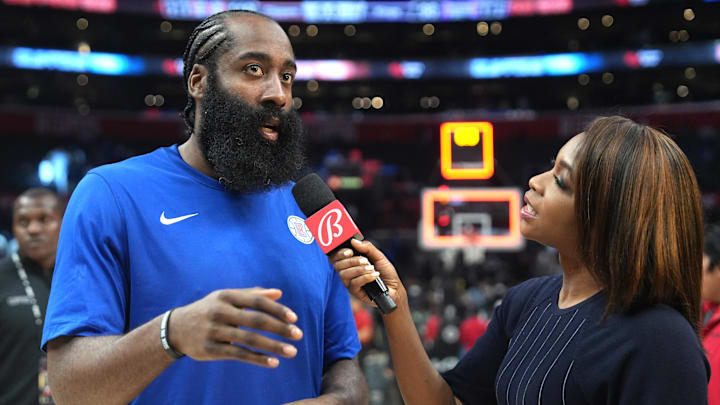 Bally Sports reporter Kristina Pink interviews LA Clippers guard James Harden after the game against the Sacramento Kings at Crypto.com Arena. 