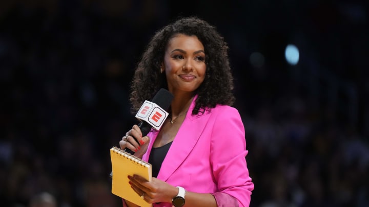 Mar 12, 2023; Los Angeles, California, USA; ESPN sideline reporter Malika Andrews during the game between the Los Angeles Lakers and the New York Knicks at Crypto.com Arena. Mandatory Credit: Kirby Lee-USA TODAY Sports