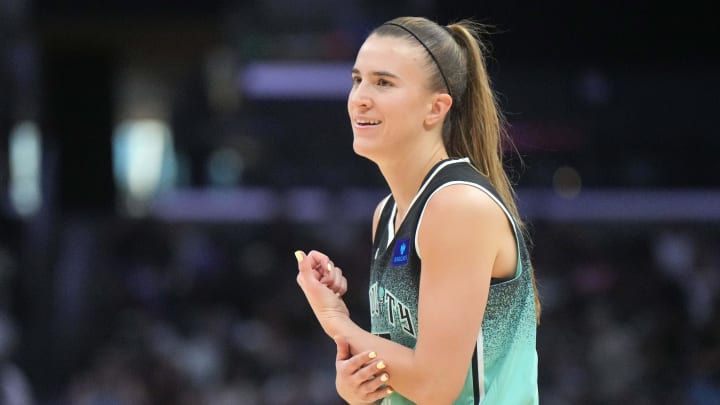 Aug 15, 2024; Los Angeles, California, USA; New York Liberty guard Sabrina Ionescu (20) reacts in the first half against the LA Sparks at Crypto.com Arena. Mandatory Credit: Kirby Lee-USA TODAY Sports