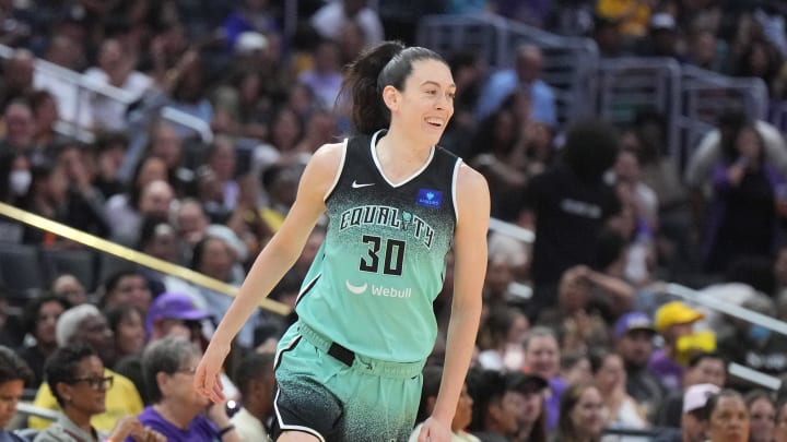 Aug 15, 2024; Los Angeles, California, USA; New York Liberty forward Breanna Stewart (30) celebrates in the first half against the LA Sparks Crypto.com Arena. Mandatory Credit: Kirby Lee-USA TODAY Sports