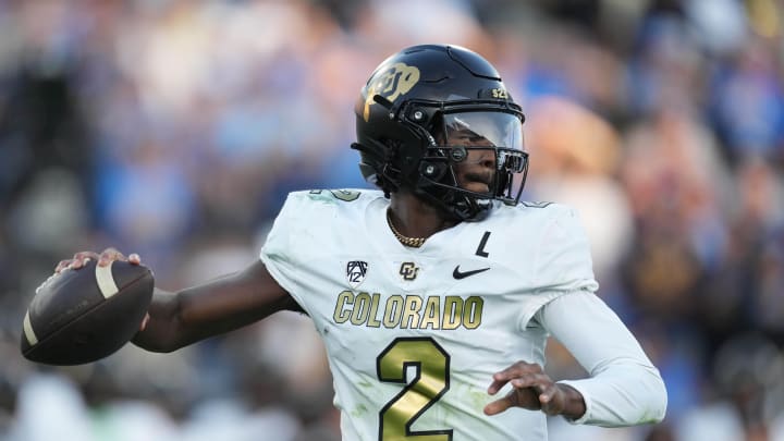 Oct 28, 2023; Pasadena, California, USA; Colorado Buffaloes quarterback Shedeur Sanders (2) throws the ball against the UCLA Bruins in the first half at Rose Bowl. Mandatory Credit: Kirby Lee-USA TODAY Sports