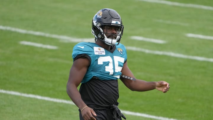 Oct 4, 2023; Ware, United Kingdom; Jacksonville Jaguars safety Ayo Oyelola (35) during practice at Hanbury Manor Marriott Hotel. Mandatory Credit: Kirby Lee-USA TODAY Sports