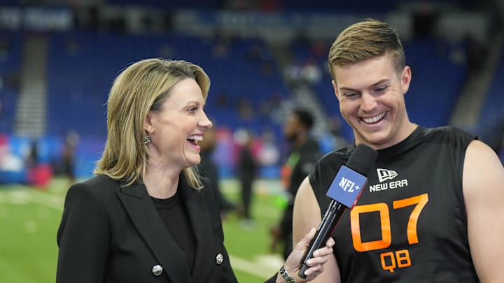 Mar 1, 2025; Indianapolis, IN, USA; NFL Network reporter Stacey Dales (left) interviews Ohio State quarterback Will Howard (QB07) during the 2025 NFL Scouting Combine at Lucas Oil Stadium. Mandatory Credit: Kirby Lee-Imagn Images