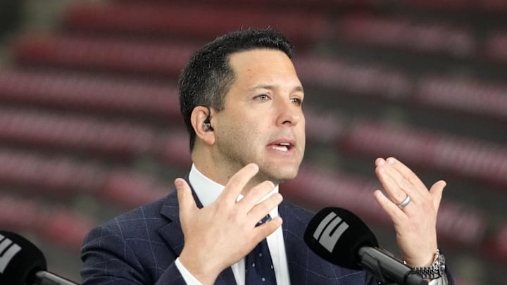 Jan 8, 2024; Houston, TX, USA; Adam Schefter talks on a set before the 2024 College Football Playoff national championship game between the Michigan Wolverines and the Washington Huskies at NRG Stadium. Mandatory Credit: Kirby Lee-Imagn Images Jan 8, 2024; Houston, TX, USA; Adam Schefter talks on a set before the 2024 College Football Playoff national championship game between the Michigan Wolverines and the Washington Huskies at NRG Stadium. Mandatory Credit: Kirby Lee-Imagn Images