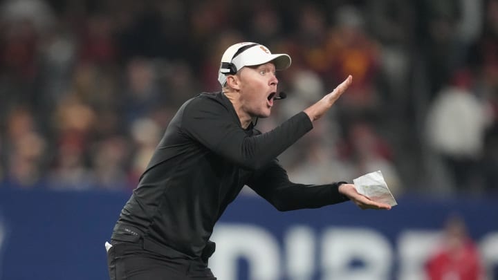 Dec 27, 2023; San Diego, CA, USA; Southern California Trojans head coach Lincoln Riley reacts in the second half against the Louisville Cardinals during the Holiday Bowl at Petco Park. Mandatory Credit: Kirby Lee-USA TODAY Sports