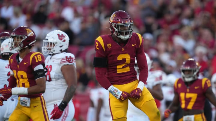 Oct 21, 2023; Los Angeles, California, USA; Southern California Trojans defensive end Romello Height (2) celebrates against the Utah Utes in the first half at United Airlines Field at Los Angeles Memorial Coliseum. Mandatory Credit: Kirby Lee-USA TODAY Sports