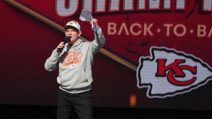 Feb 14, 2024; Kansas City, MO, USA; Kansas City Chiefs radio network play-by-play announcer Mitch Holthus during the celebration of the Chiefs winning Super Bowl LVIII. Mandatory Credit: Kirby Lee-USA TODAY Sports