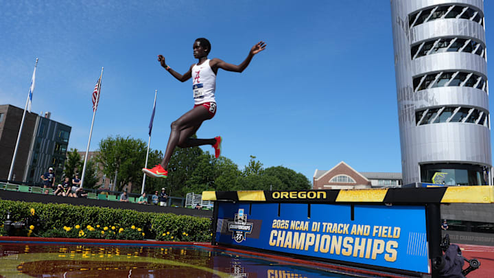 Jun 12, 2025; Eugene, OR, USA; Doris Lemngole of Alabama wins women's steeplechase semifinal in 9:26.44 for the top time during the NCAA Track and Field Championships at Hayward Field. Mandatory Credit: Kirby Lee-Imagn Images Jun 12, 2025; Eugene, OR, USA; Doris Lemngole of Alabama wins women's steeplechase semifinal in 9:26.44 for the top time during the NCAA Track and Field Championships at Hayward Field. Mandatory Credit: Kirby Lee-Imagn Images