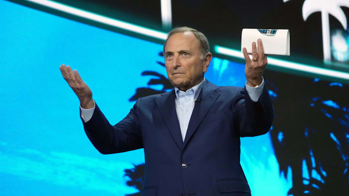 Jun 27, 2025; Los Angeles, California, USA; NHL commissioner Gary Bettman speaks during the first round of the 2025 NHL Draft at Peacock Theater. Mandatory Credit: Kirby Lee-Imagn ImagesGa