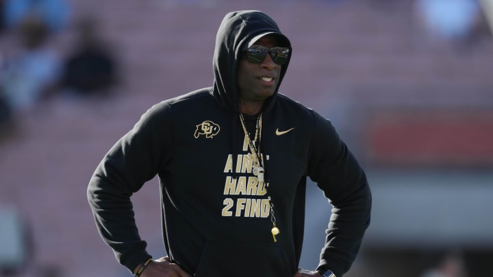 Oct 28, 2023; Pasadena, California, USA; Colorado Buffaloes head coach Deion Sanders reacts during the game against the UCLA Bruins at Rose Bowl. Mandatory Credit: Kirby Lee-USA TODAY Sports