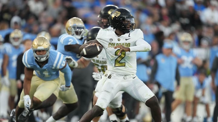 Oct 28, 2023; Pasadena, California, USA; Colorado Buffaloes quarterback Shedeur Sanders (2) throws the ball against the UCLA Bruins in the first half at Rose Bowl. Mandatory Credit: Kirby Lee-Imagn Images Oct 28, 2023; Pasadena, California, USA; Colorado Buffaloes quarterback Shedeur Sanders (2) throws the ball against the UCLA Bruins in the first half at Rose Bowl. Mandatory Credit: Kirby Lee-Imagn Images