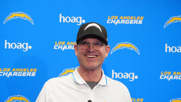 Apr 2, 2024; Costa Mesa, CA, USA; Los Angeles Chargers coach Jim Harbaugh speaks at press conference at Hoag Performance Center. Mandatory Credit: Kirby Lee-USA TODAY Sports