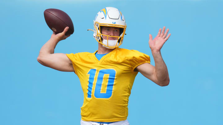 Jun 13, 2024; Costa Mesa, CA, USA; Los Angeles Chargers quarterback Justin Herbert (10) throws the ball during minicamp at the Hoag Performance Center. Mandatory Credit: Kirby Lee-USA TODAY Sports