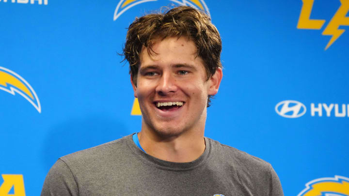 Jun 13, 2024; Costa Mesa, CA, USA; Los Angeles Chargers quarterback Justin Herbert (10) at a press conference during minicamp at the Hoag Performance Center. Mandatory Credit: Kirby Lee-USA TODAY Sports